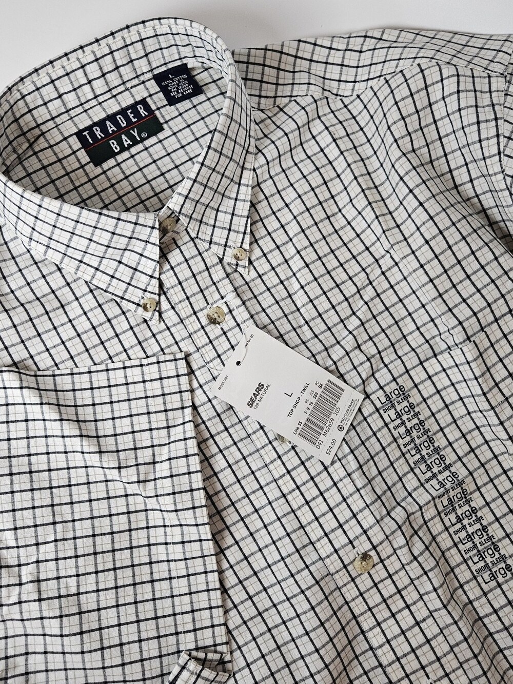 VTG Trader Bay Shirt Mens Large White Plaid Short Sleeve Button Down Sears NWT